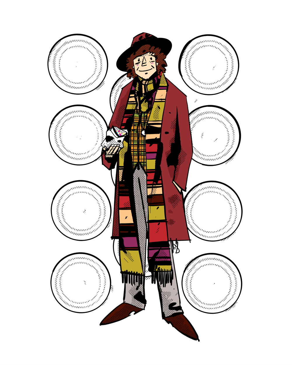 The Fourth Doctor Who, played by Tom Baker, smiling and eating jelly babies. He's wearing a wide, brimmed hat and a long striped scarf.