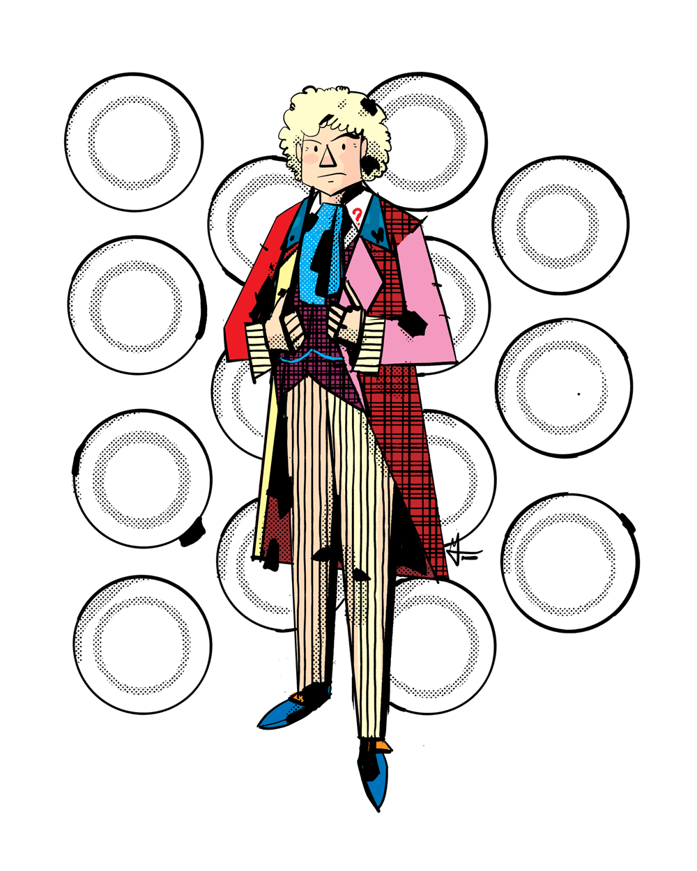 Colin Baker's Sixth Doctor is wearing a multi-colored patchwork overcoat, a purple vest, yellow striped pants, and a grimace on his face. He is holding his lapels.