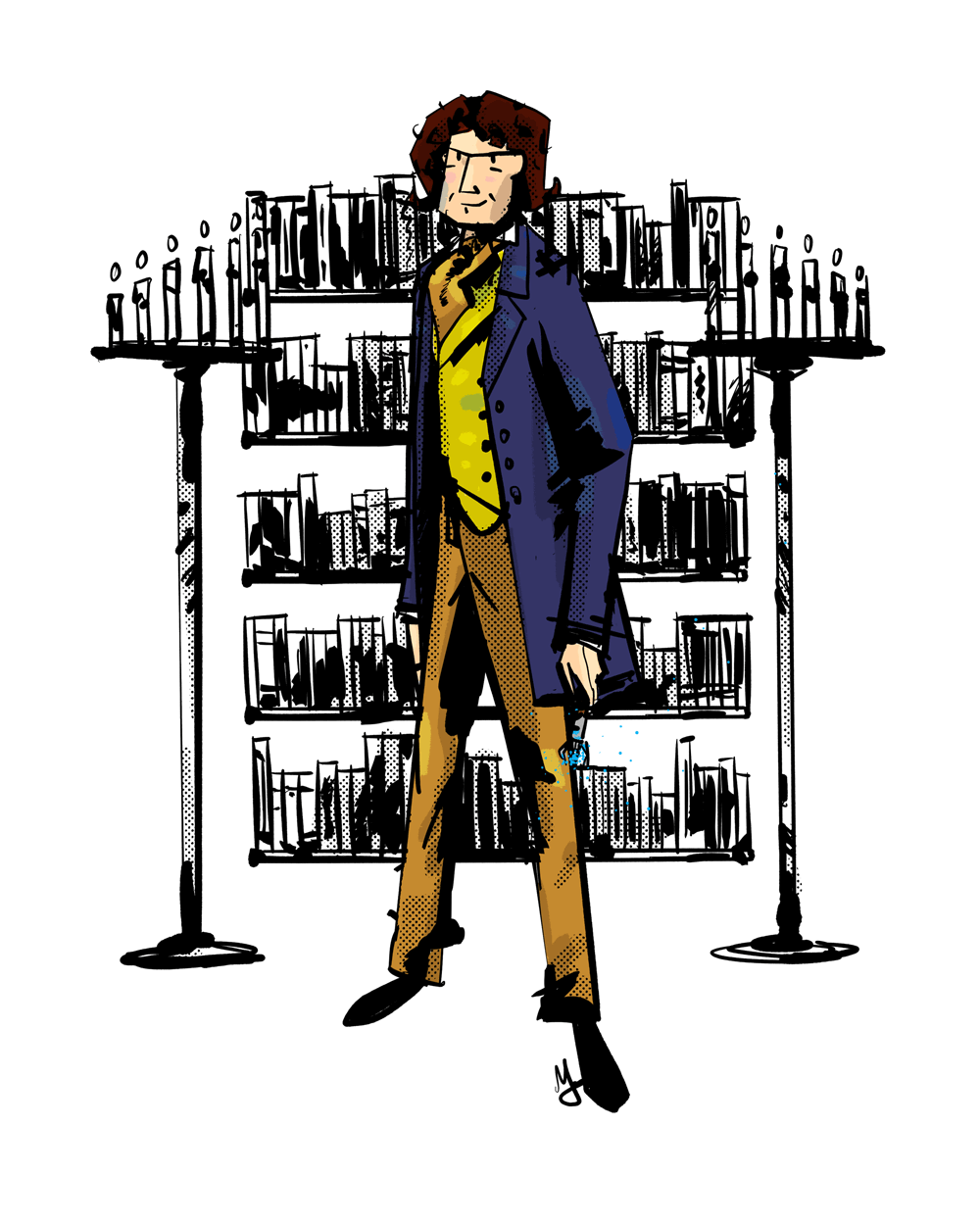 The Eighth Doctor standing in from of two candelbras and shelves of books. He is wearing a Victorian style suit.