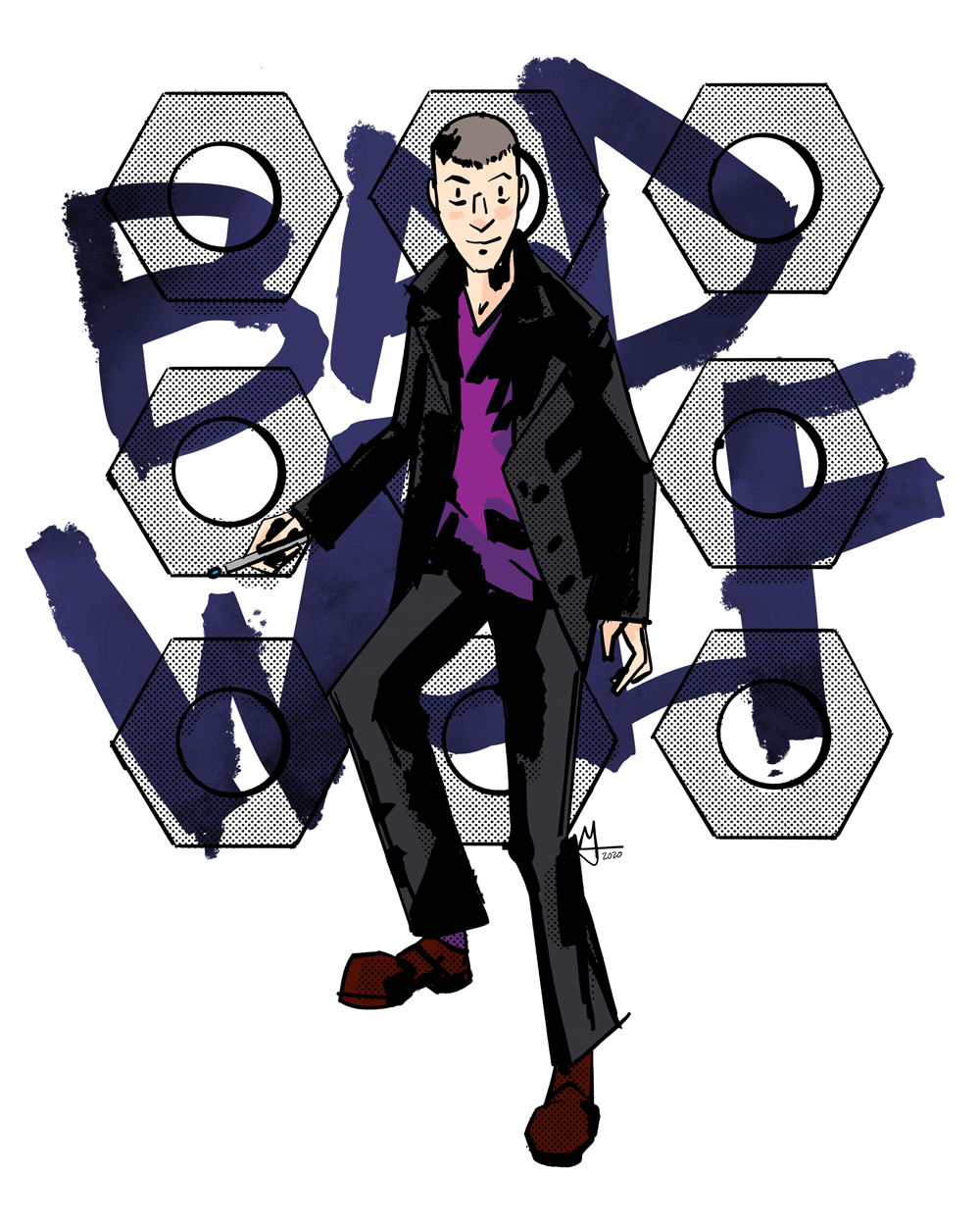 The Ninth Doctor is standing ready for action. He's wearing a leather jacket, brown pants, and a purple v-neck shirt. He has his sonic screwdriver in his right hand. Painted on the Tardis wall behind him are the words Bad Wolf.