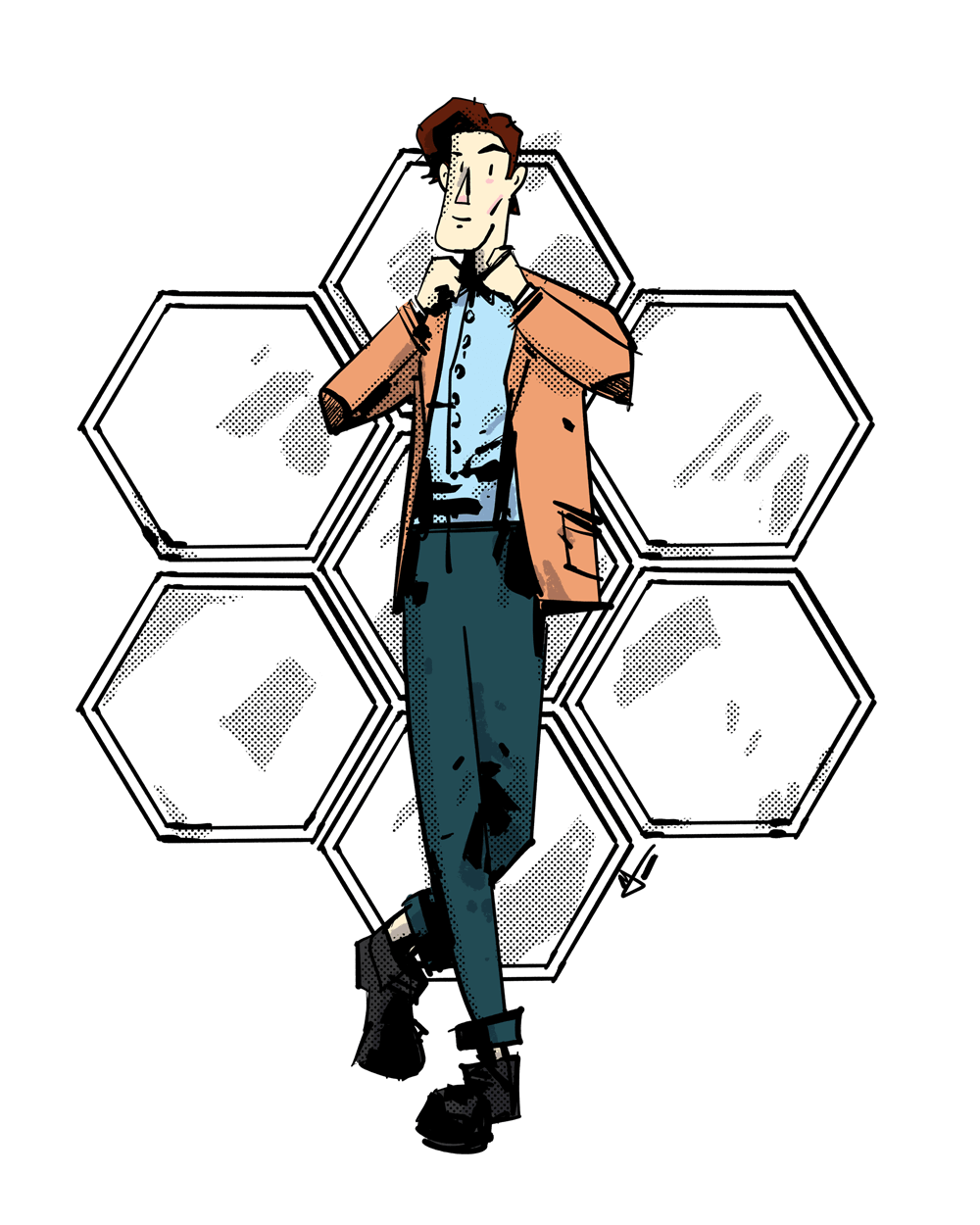 The Eleventh Doctor, played by Matt Smith, has a jacket and suspenders and most importantly a bowtie. He's standing a bit jauntingly with his feet crossed.