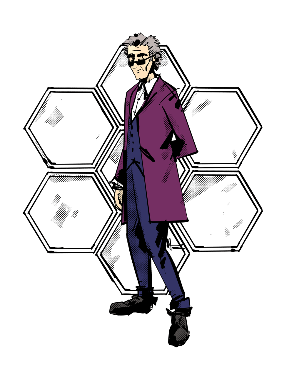 The Twelth Doctor, played by Peter Capaldi, is wearing a purple velvet jacket and a dark purple suit. His hair is large and puffy and he's looking over his sunglasses at us.