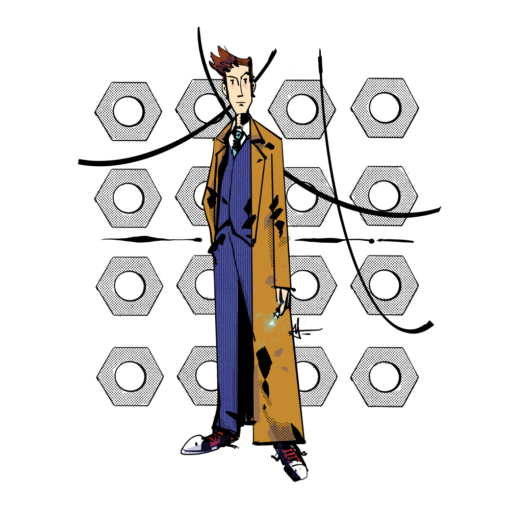 The Tenth Doctor, played by David Tennant, is wearing Converse, a blue striped suit, and a brown overcoat.