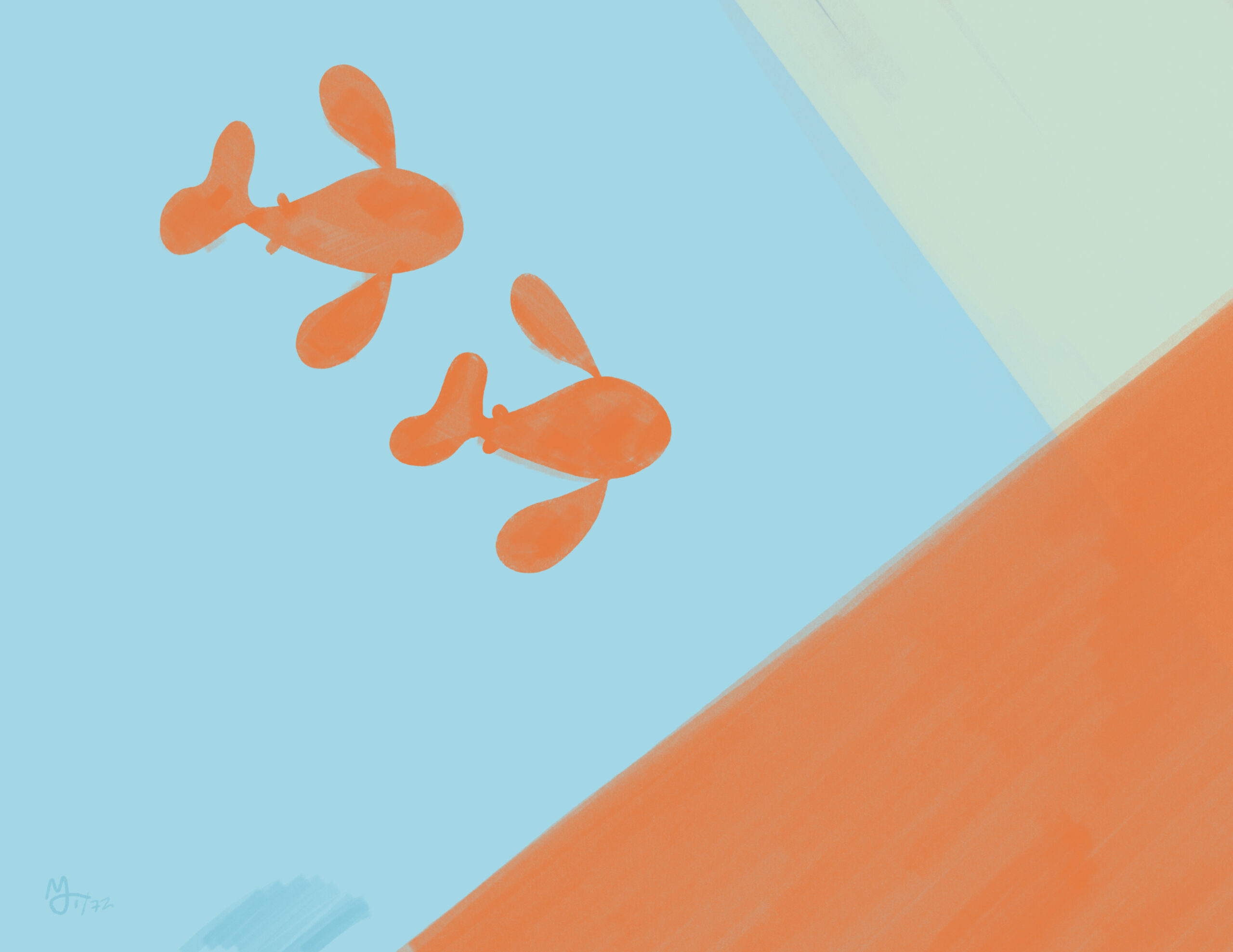 Two orange fish swim from left to right. They are swimming towards an orange triangle and a lighter triangle. The background is light blue.