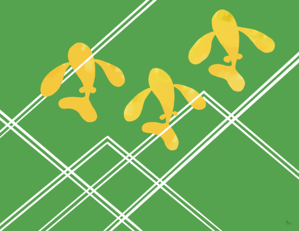 Three orange fish swim through white lines that make up a mountain range like pattern. The background is green.