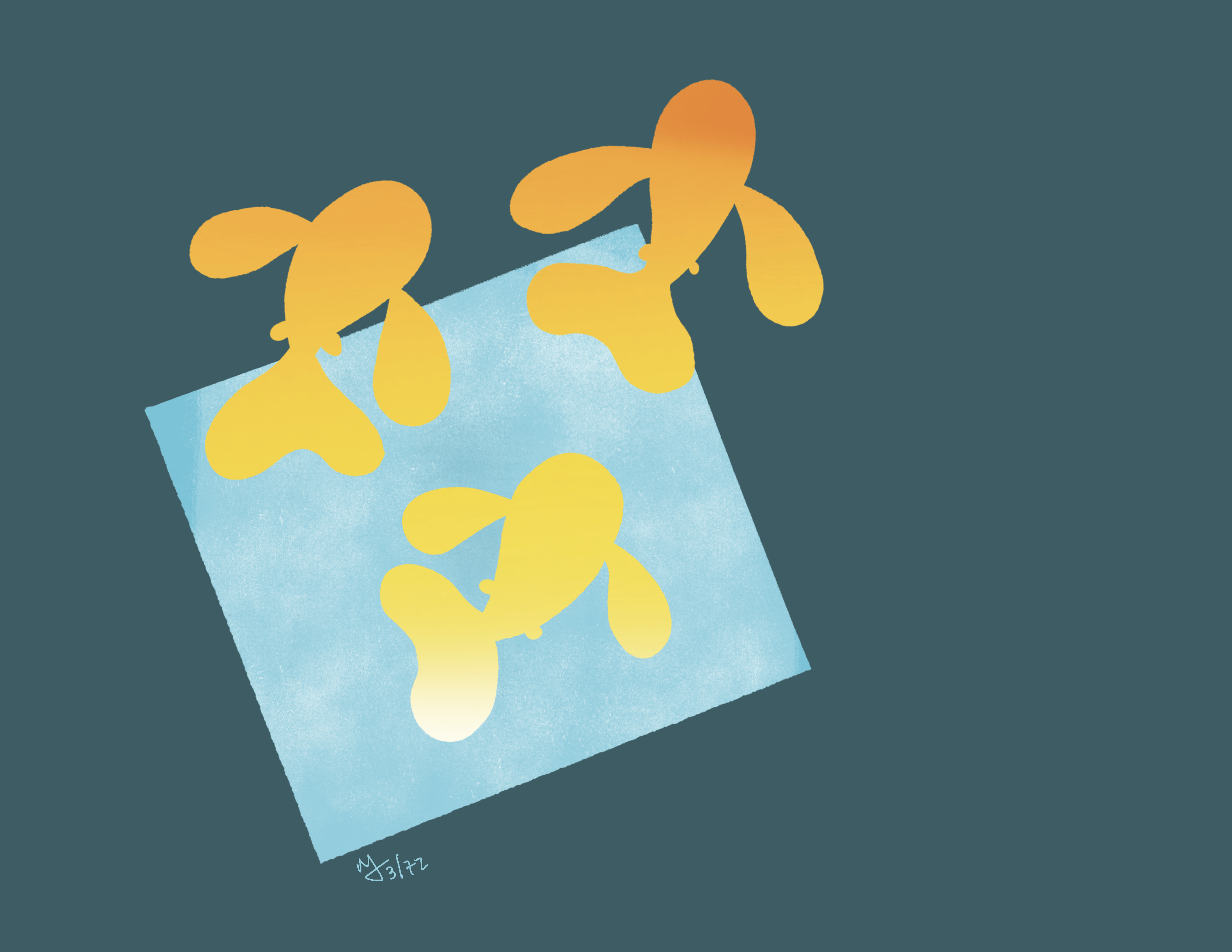 Three orange and yellow fish swim over a blue cube set at an angle. The background is blue grey.