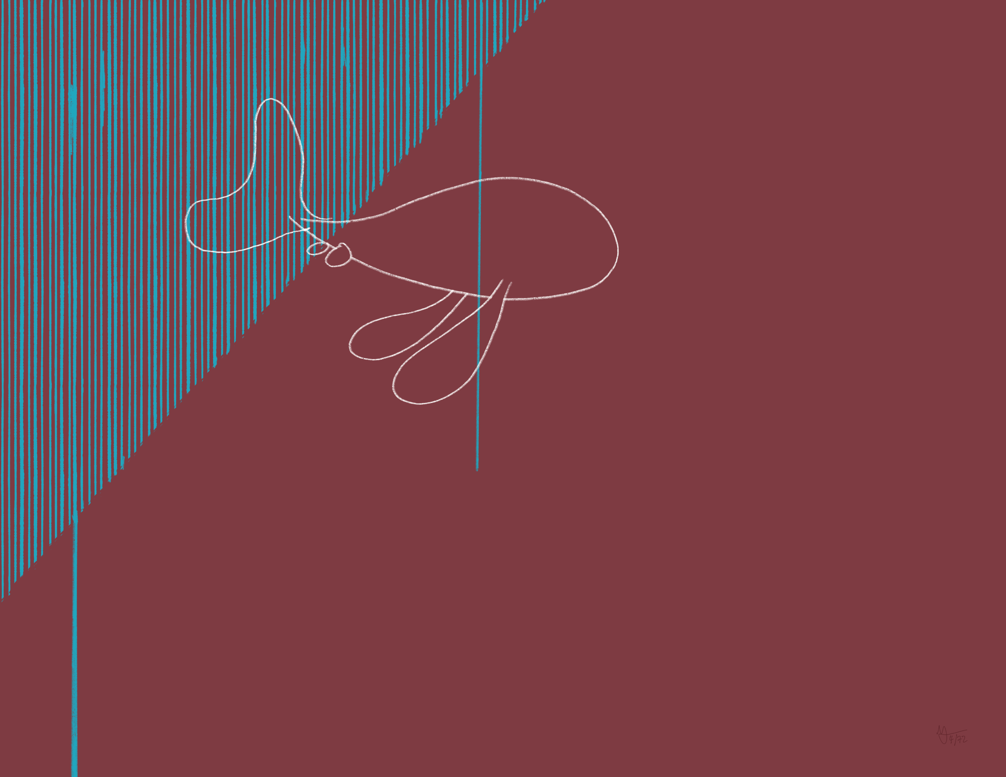 A triangle of horizontal blue lines is the in the top left corner. An outline of a yellow fish swims out of it. A few lines extend down. The background is brick red.