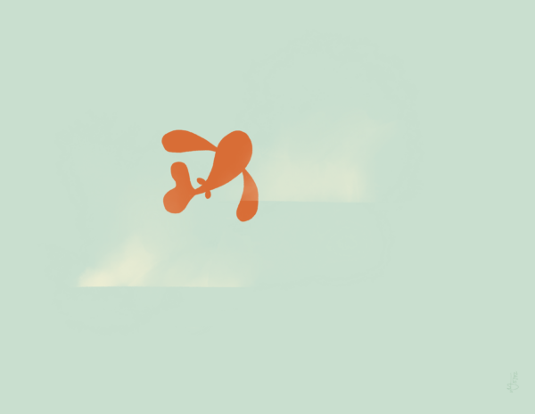 A small orange fish swims around two clouds. The background is a muted sea green.