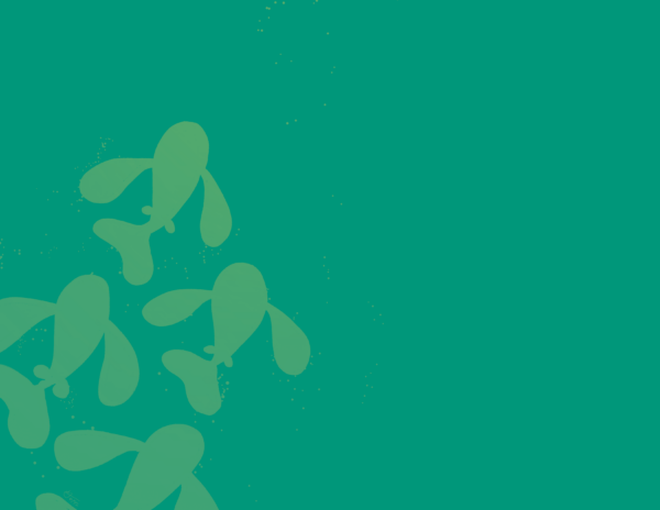 Four fish swim up from the bottom right corner to the middle of the drawing. They are a slightly lighter green then the background.