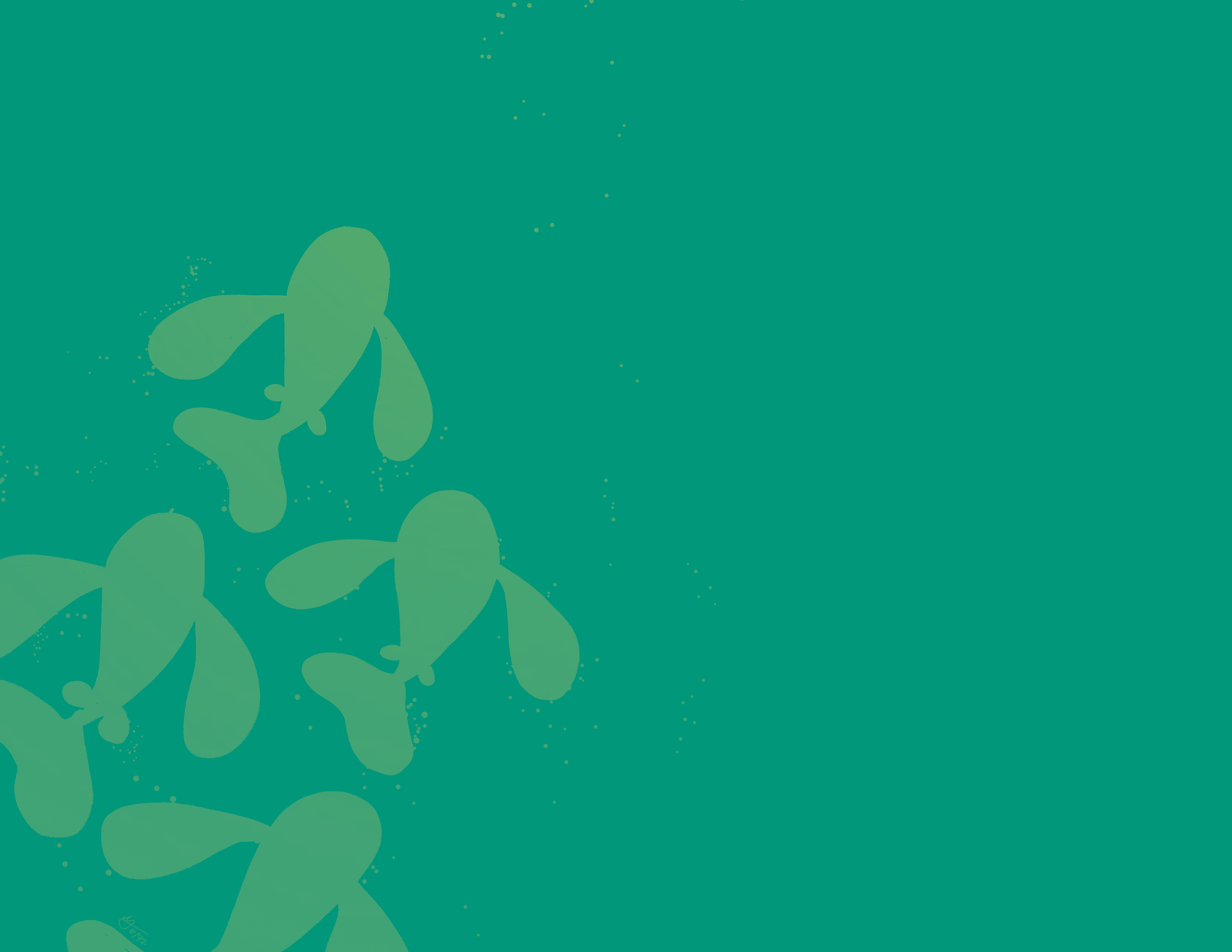 Four fish swim up from the bottom right corner to the middle of the drawing. They are a slightly lighter green then the background.