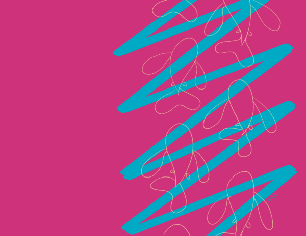 Outlines of bright fish swim north. A zigzag of blue goes through them. The background is bright pink.