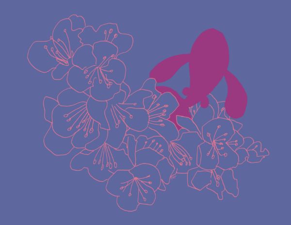 A magenta fish swims out of drawings of peach blossoms. The background is deep purple.