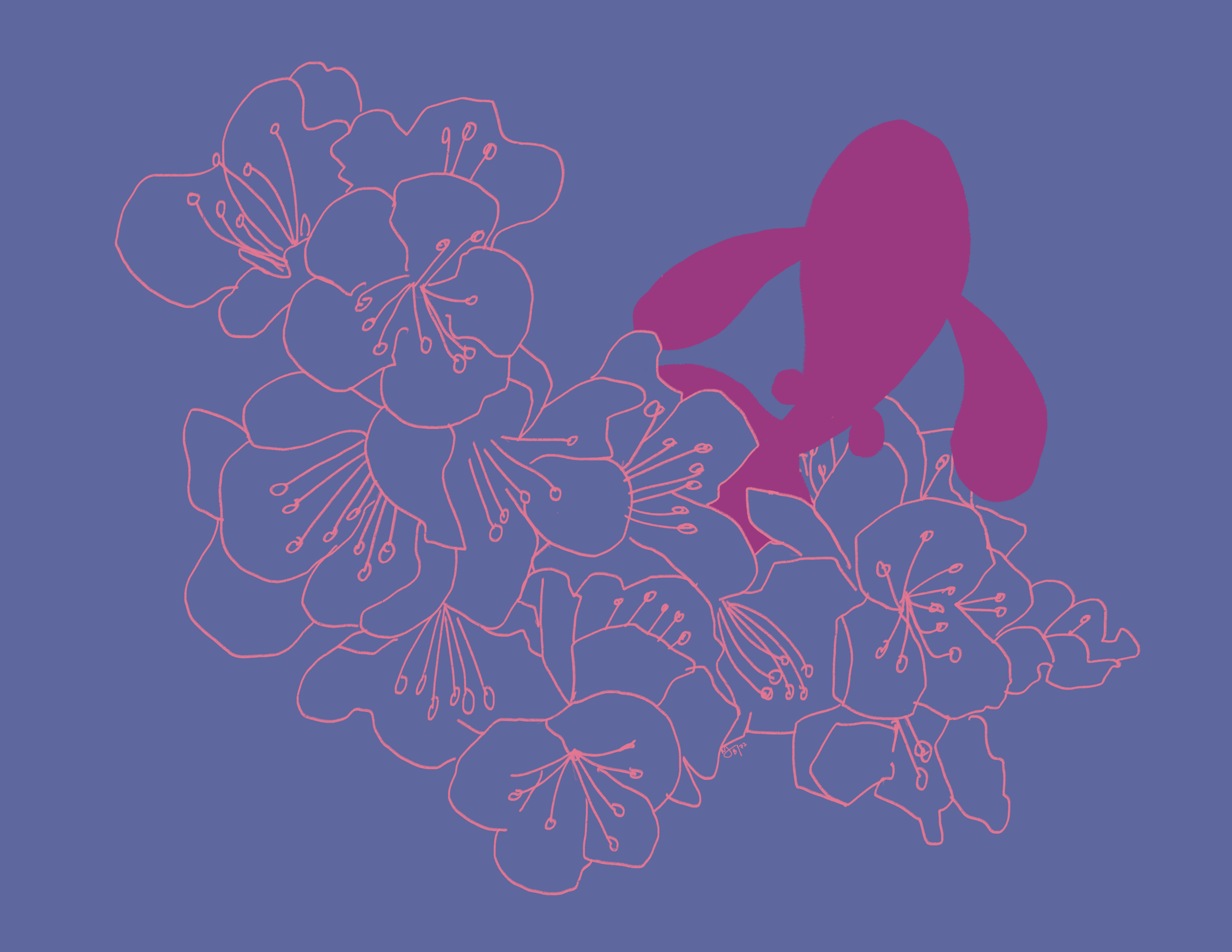 A magenta fish swims out of drawings of peach blossoms. The background is deep purple.