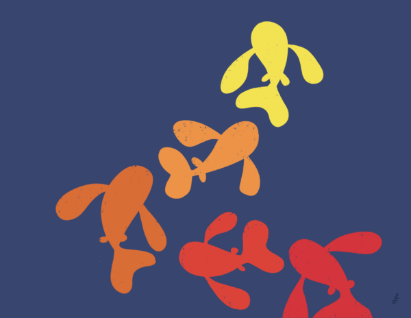 Two red fish, two orange fish, and a yellow fish swim from the bottom to top. The background is purple.