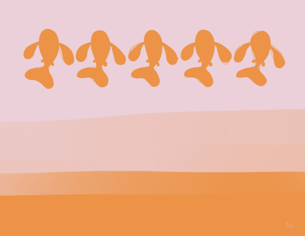 Five orange fish swim in a row. Below them are band of orange going from light to dark.