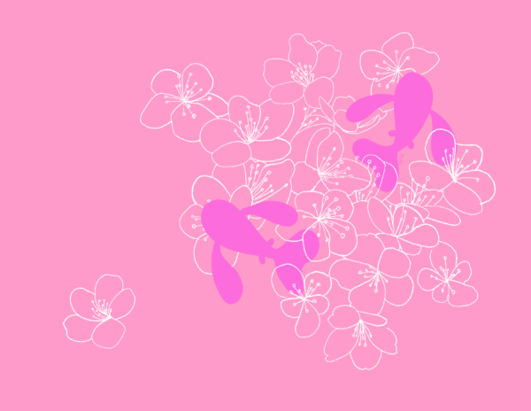 Two bright pink fish swim in cherry blossoms. The background is light pink.