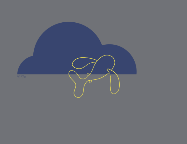 A drawing of a yellow fish swimming in front of a stylized purple storm cloud. The background is a dark purple-ish grey.