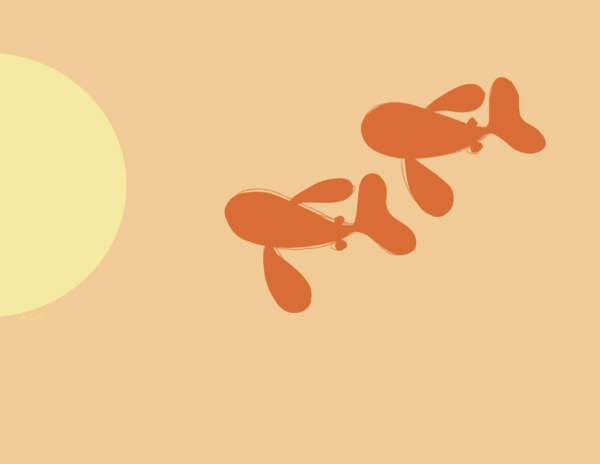 Two orange fish swimming to the left towards a yellow circle. The background is a light orange.