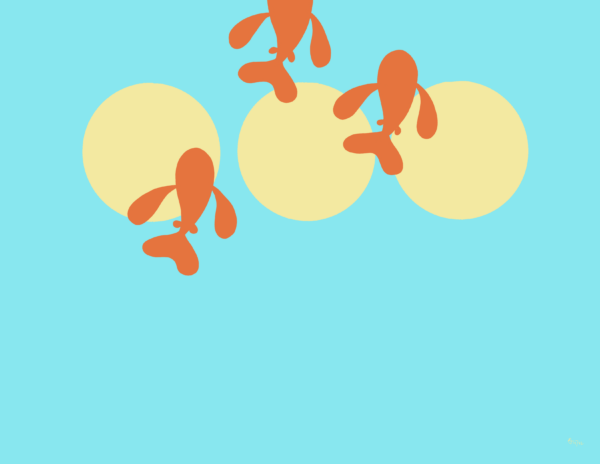 Three orange fish swim to the top. The background is three yellow dots on a blue field.