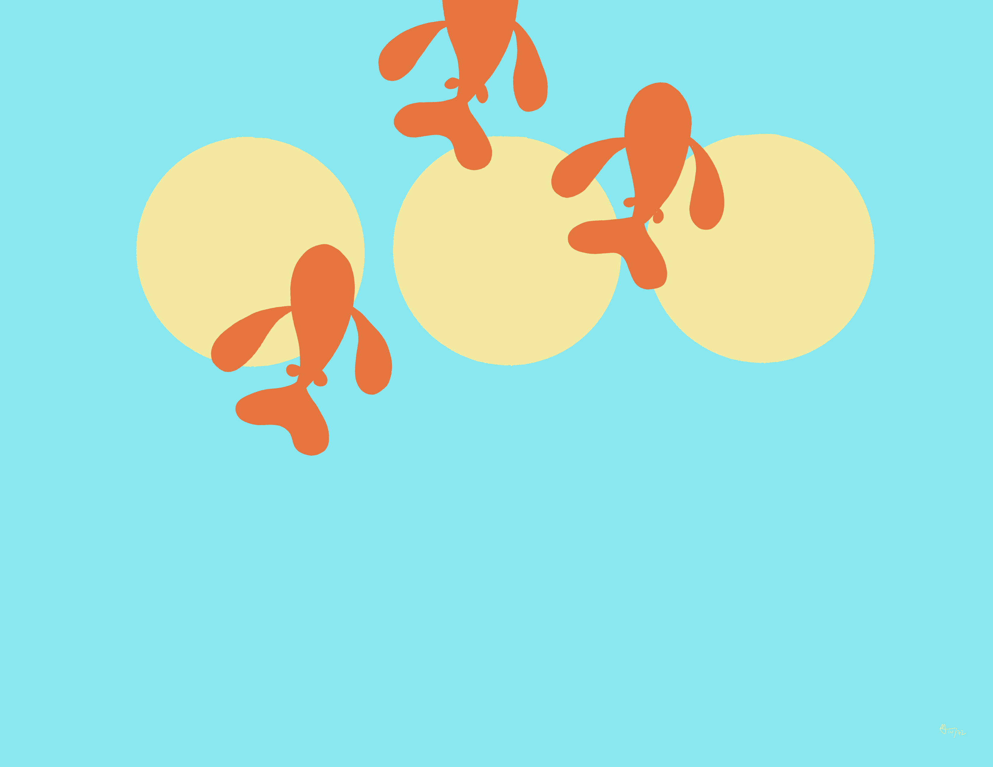 Three orange fish swim to the top. The background is three yellow dots on a blue field.