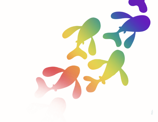 Rainbow colored fish swim from the bottom left to top right. They are fading in from white.