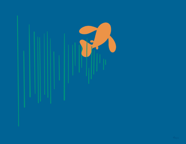 An orange fish swims through green lines on a blue background.