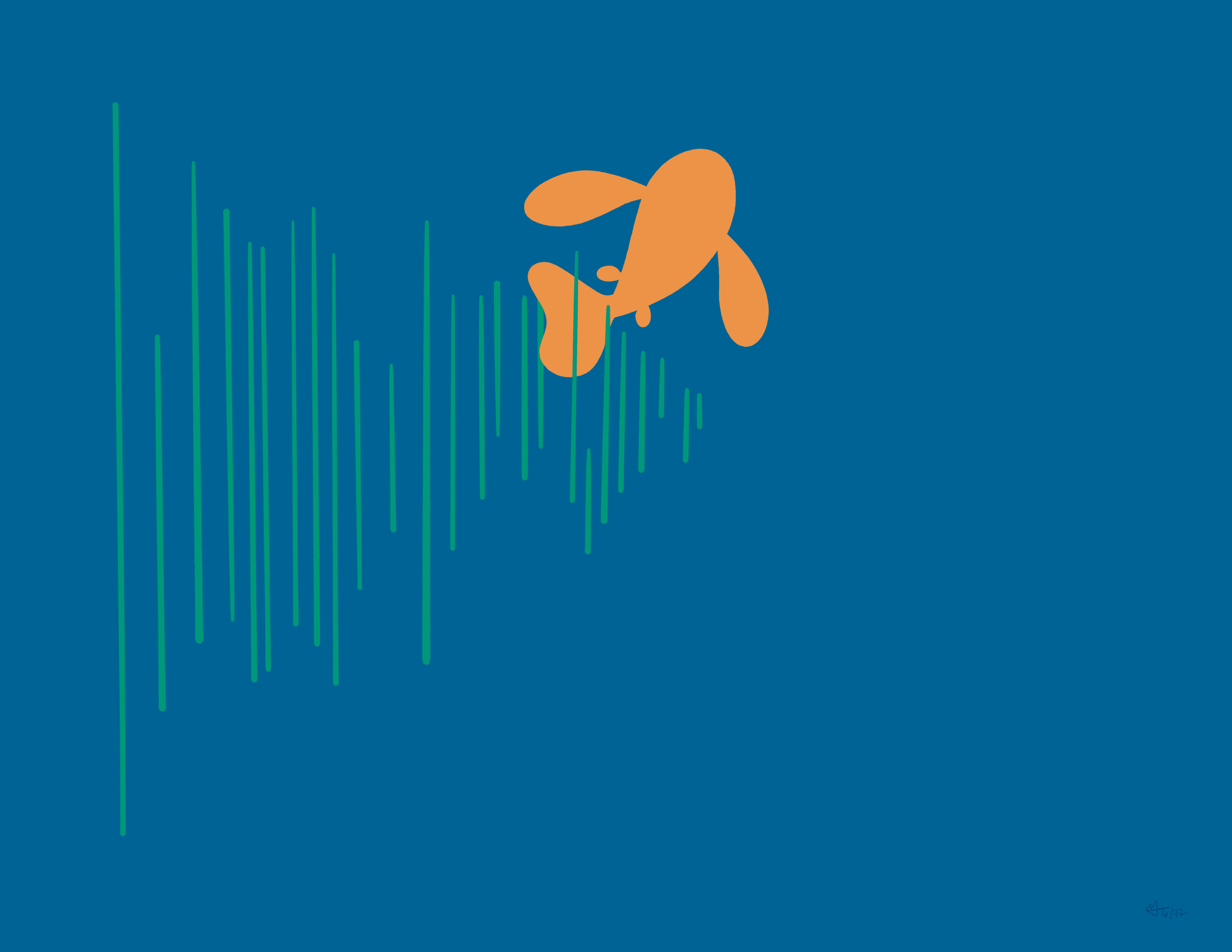 An orange fish swims through green lines on a blue background.