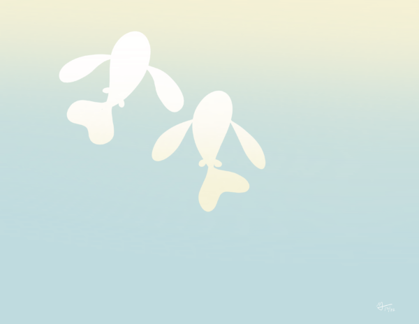 Two white fish swim up. They are swimming in to a light yellow gradient. The rest of the image is blue.