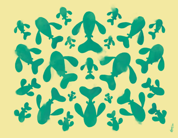 Green fish swim in a symmetrical pattern out from the center. The background is yellow.