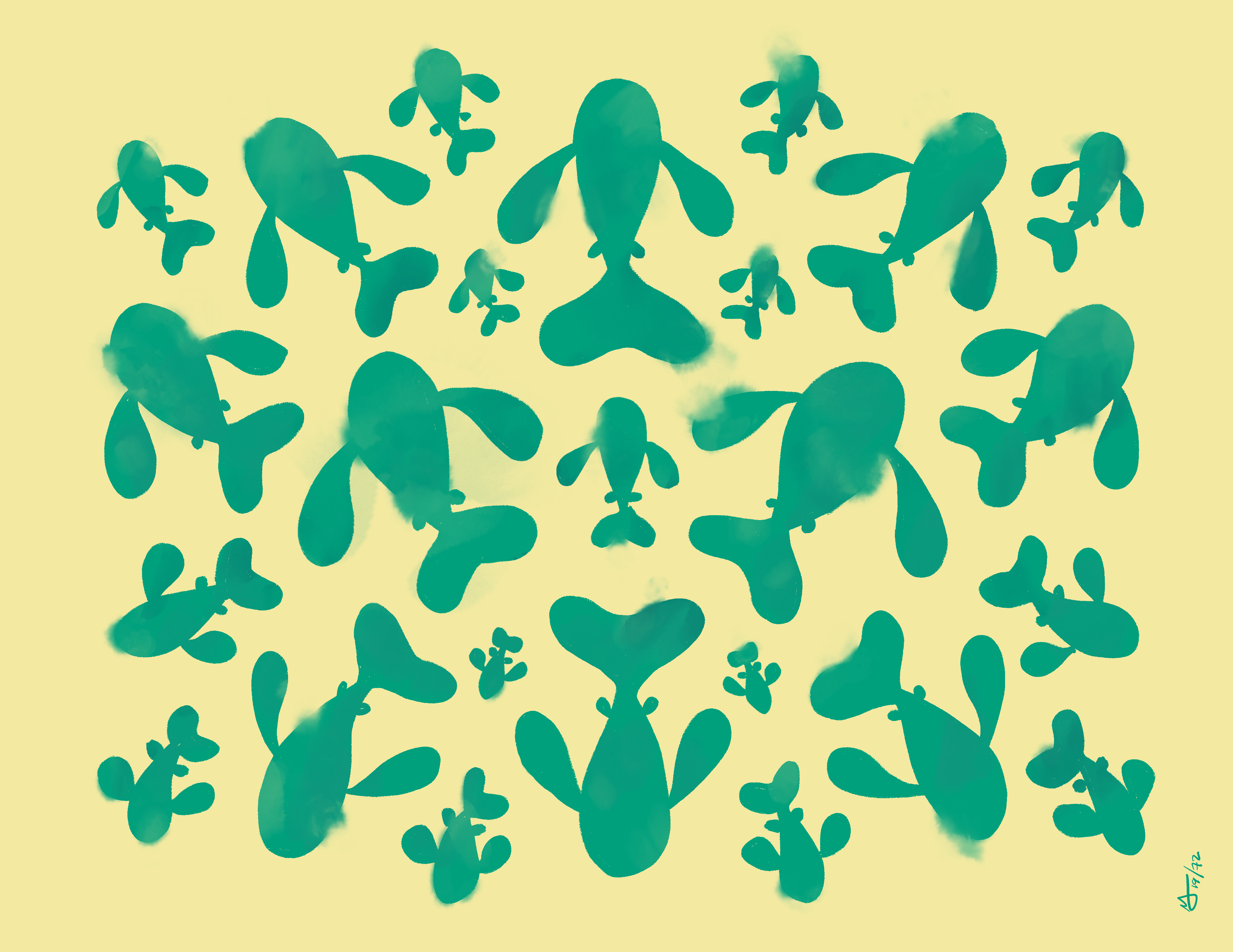 Green fish swim in a symmetrical pattern out from the center. The background is yellow.