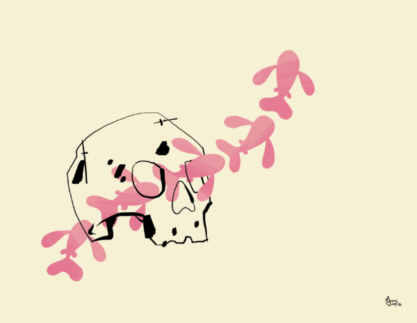 Five pink fish swim through a skull. The background is pale yellow.