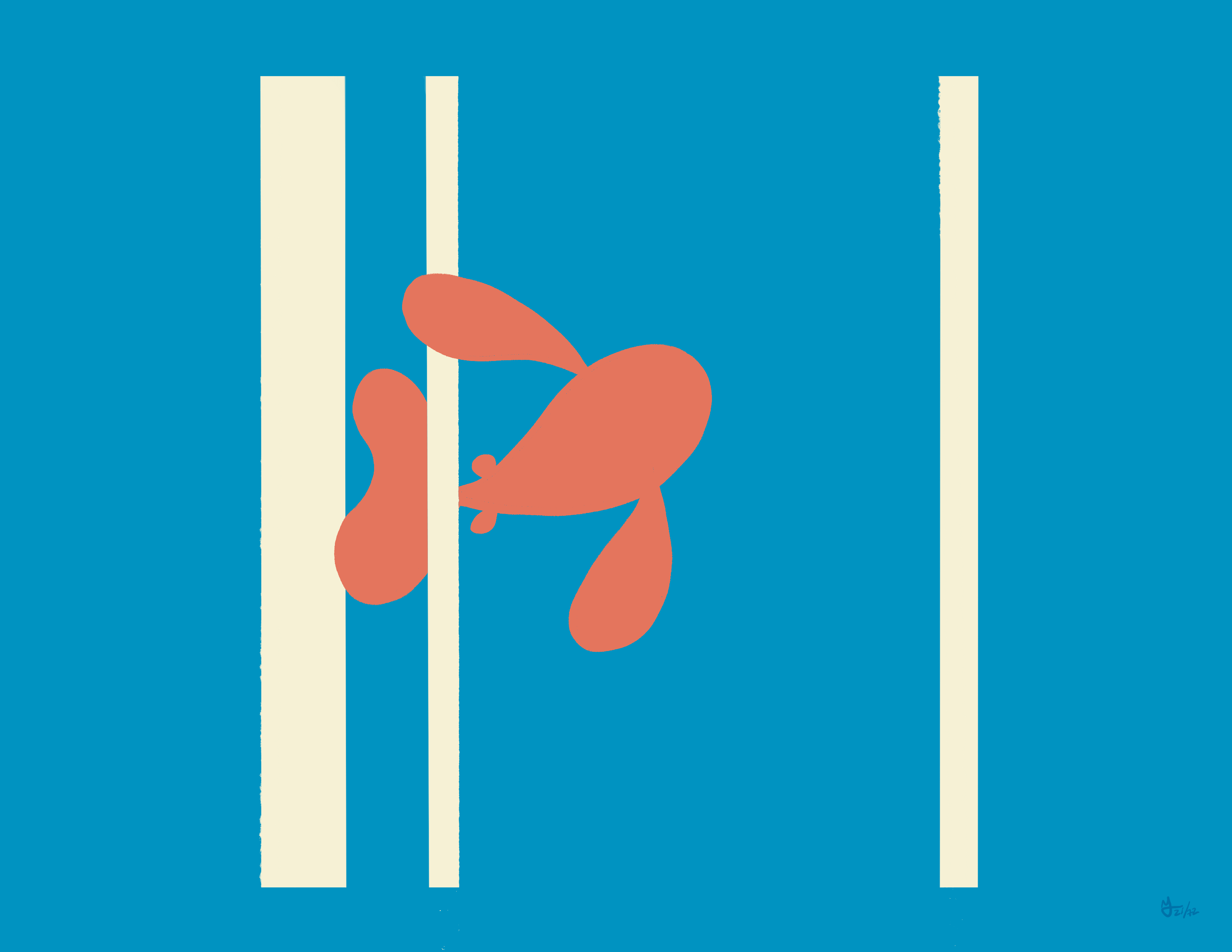 An orange fish swims between two bamboo colored rectangles. The background is blue. Another rectangle is on the right hand side.