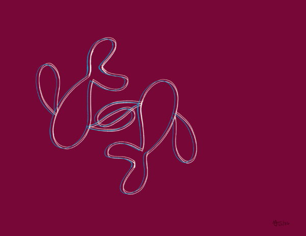 Outlines of two fish swim together, fins touching. The background is a mulberry color.