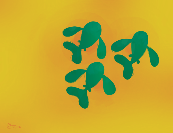 Three green fish swim together in a triangle. Behind them is orange glow.