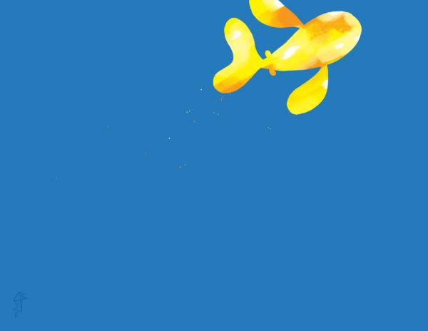 An orange and yellow fish swims at the top, going off the drawing. The background is deep blue.