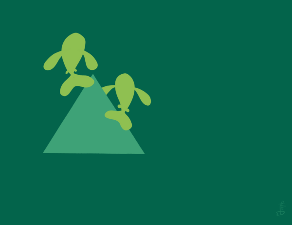 Two fish swim over a green triangle. The background is a darker green.