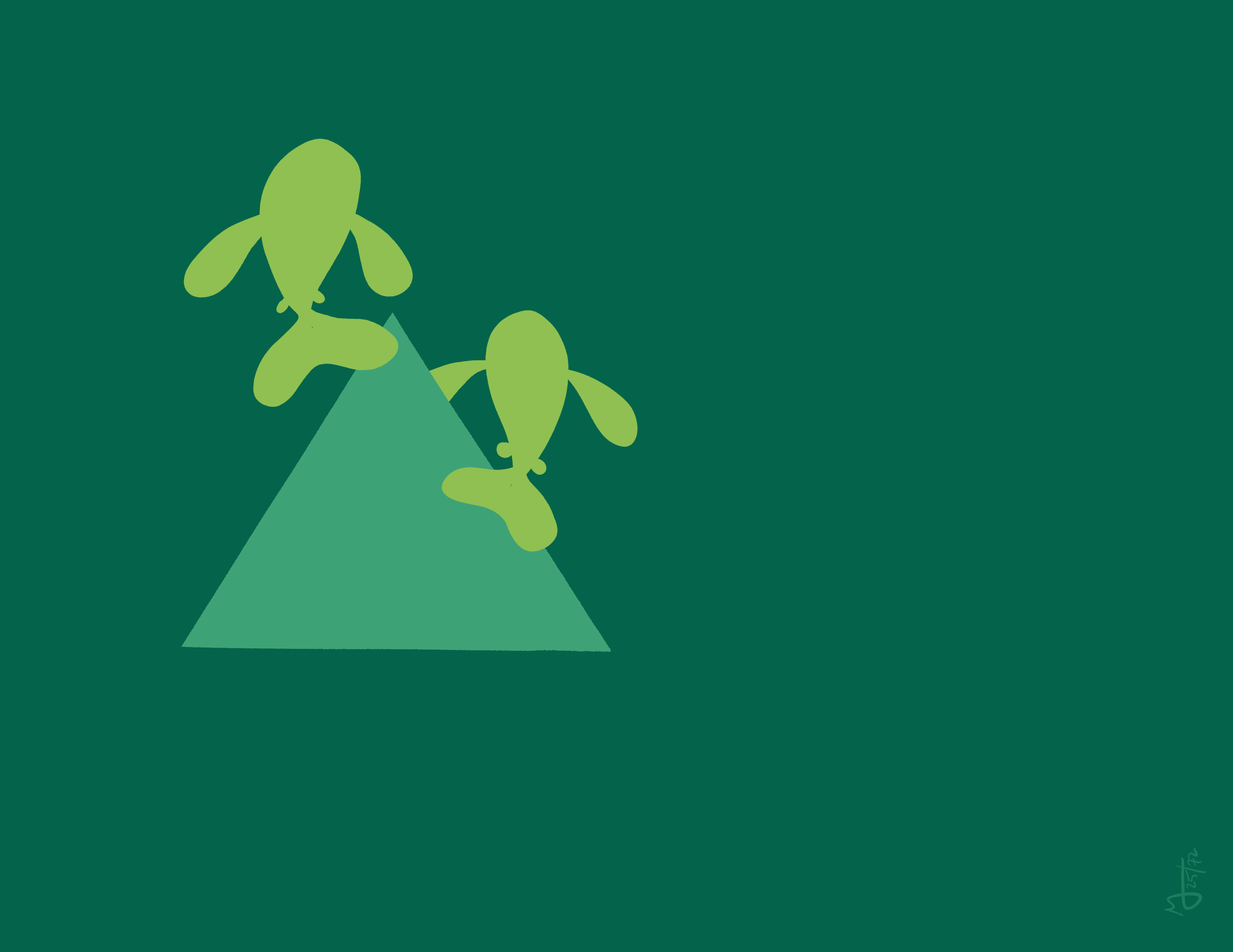Two fish swim over a green triangle. The background is a darker green.
