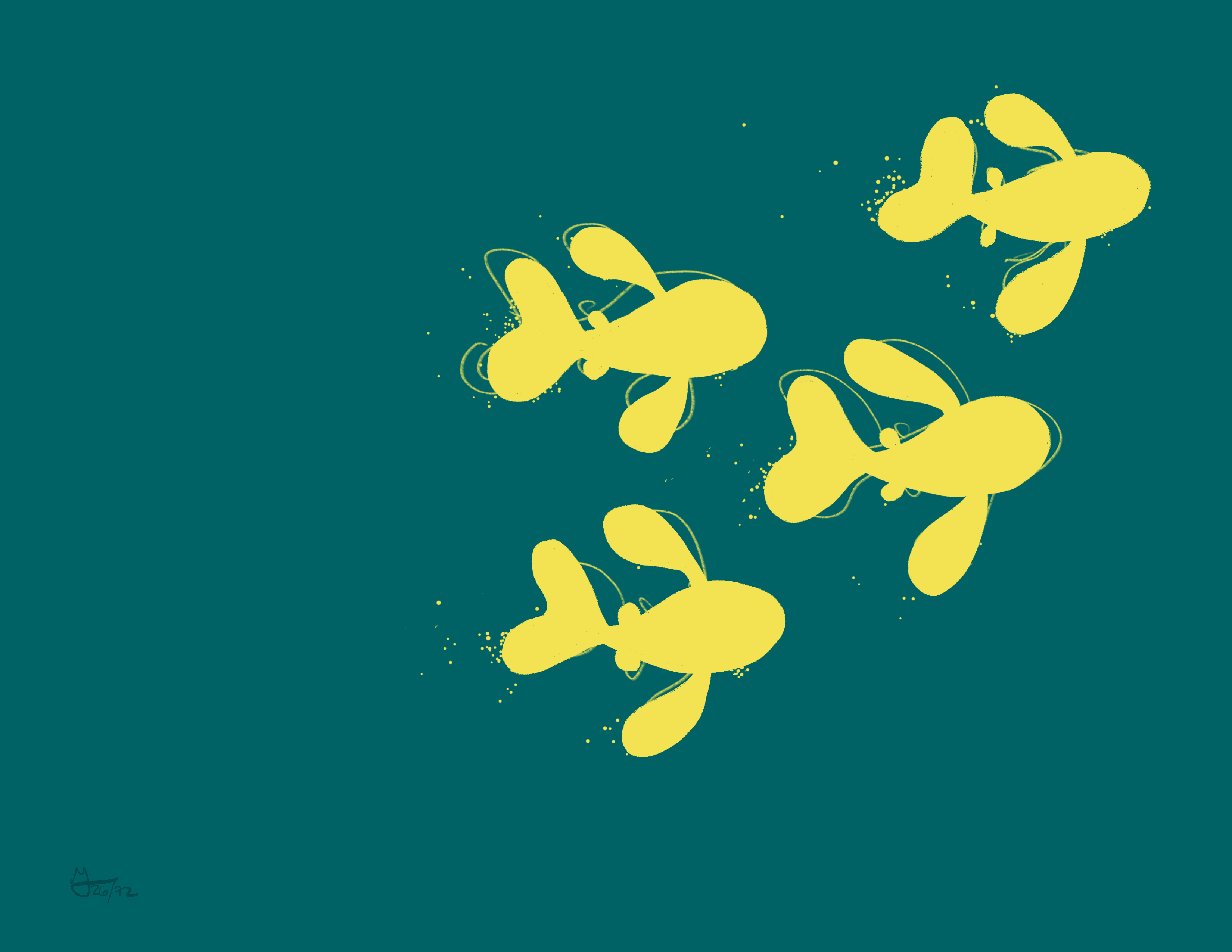 Four yellow fish swim from left to right. They are leaving a little trail of yellow dots around them. The background is forest green.