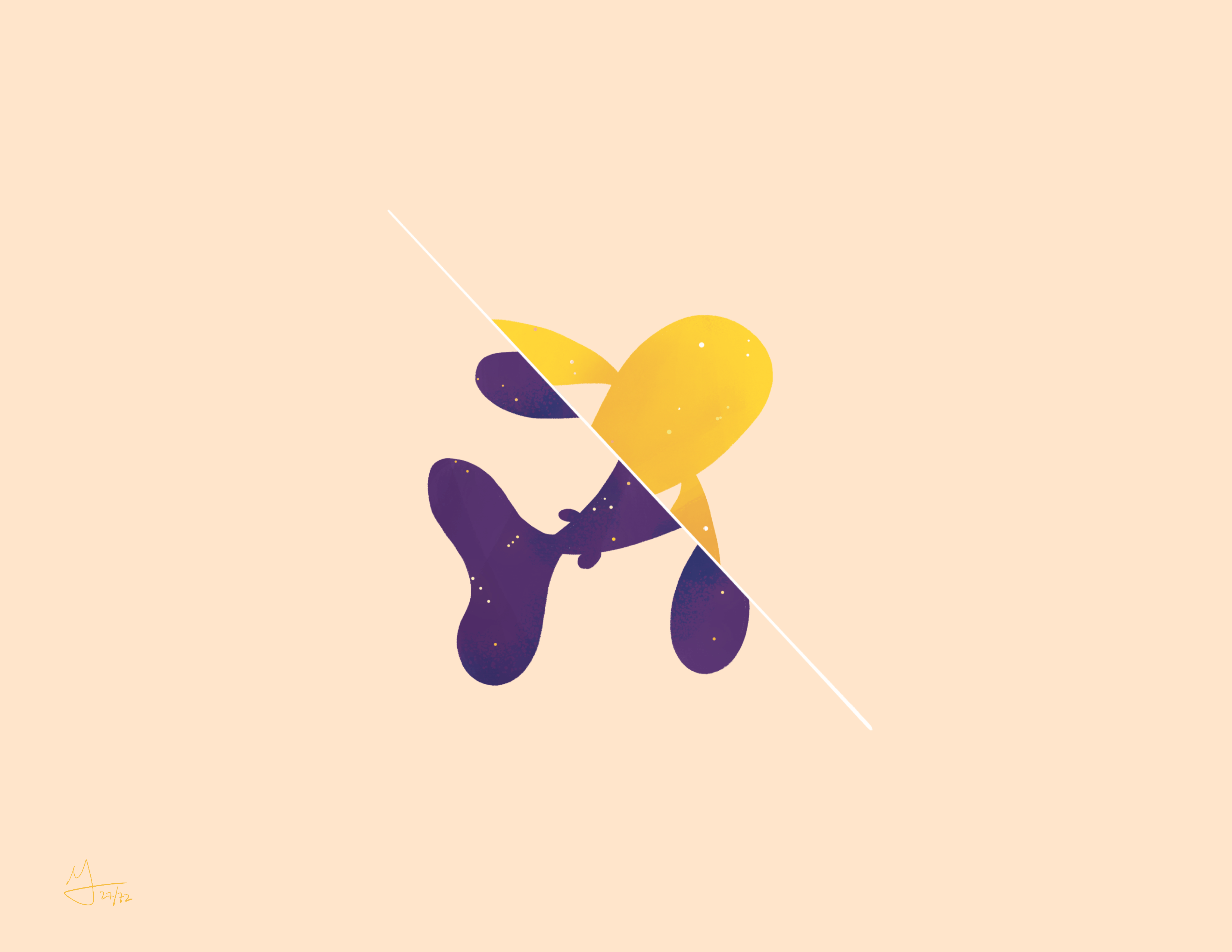 A fish is in the middle of a field of warm beige. The fish is half purple and half yellow. It is divided by a white line.