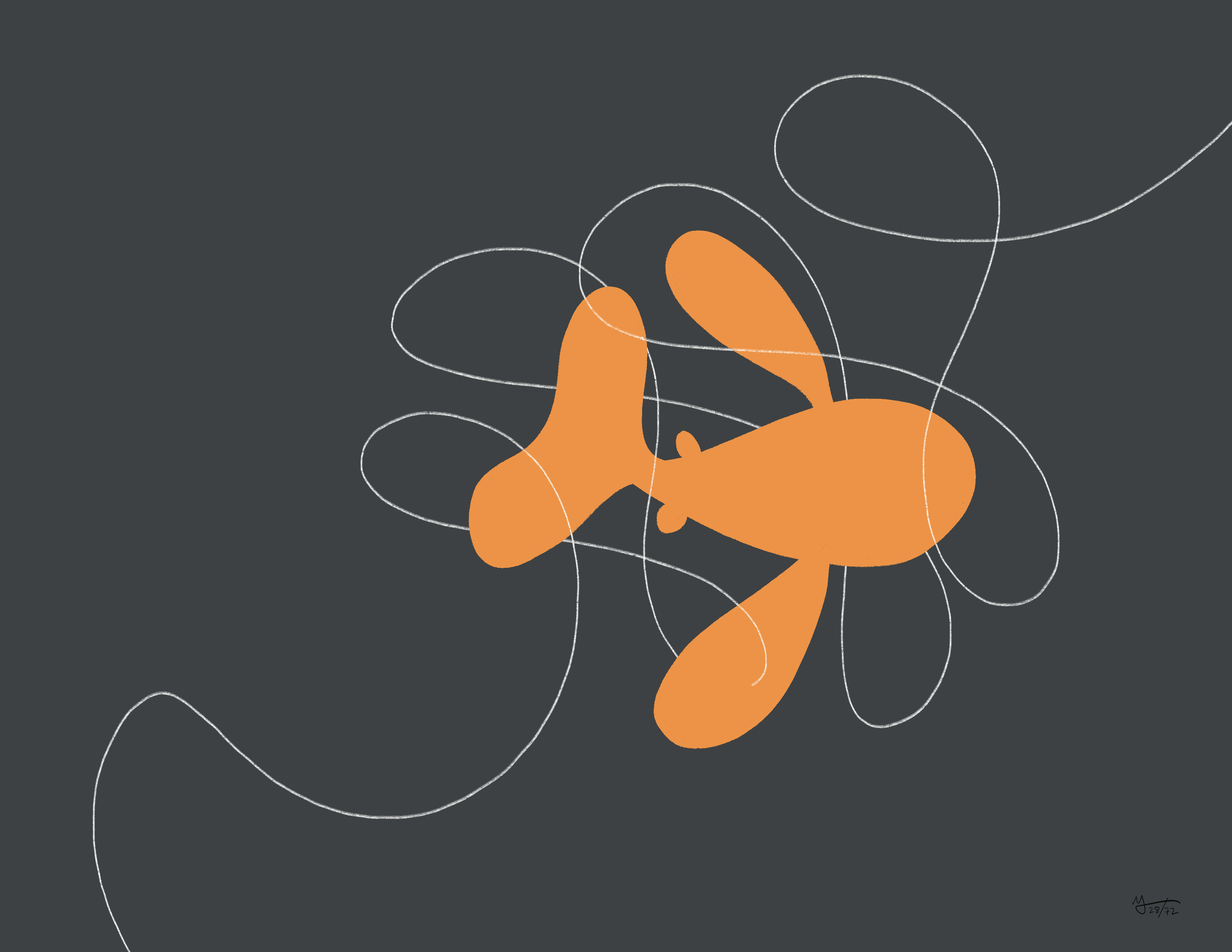 An orange fish swims in the middle of a grey background. A white line winds around the fish.
