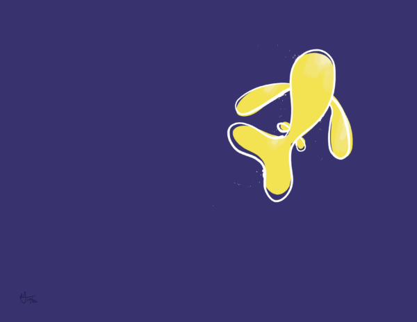 A yellow fish swims in the top right corner. A white outline is on top of it. The background is purple.