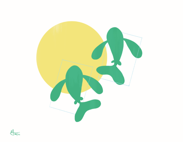 Two green fish swim to the top of the drawing. A big yellow circle is in the background. Right behind each fish is a blue outline of a rectangle.