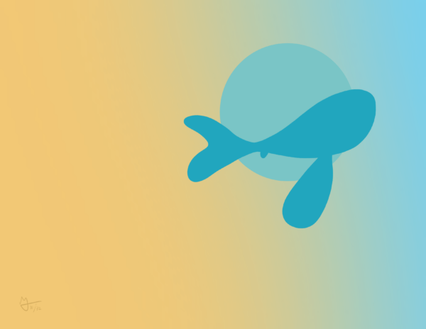 A blue fish swims in front of a blue circle. A gradient is in the background going from orange to blue.