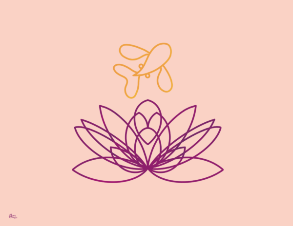 A drawing of an orange fish above a stylized lotus flower. The flower is purple, the background is a warm pink.