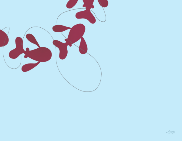 Red fish swim in to the left corner. A line winds around them. The background is light blue.