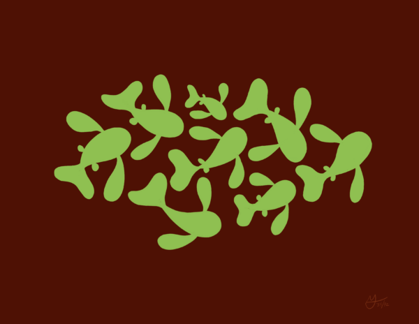 A school of green fish swim in the center of a warm brown background.