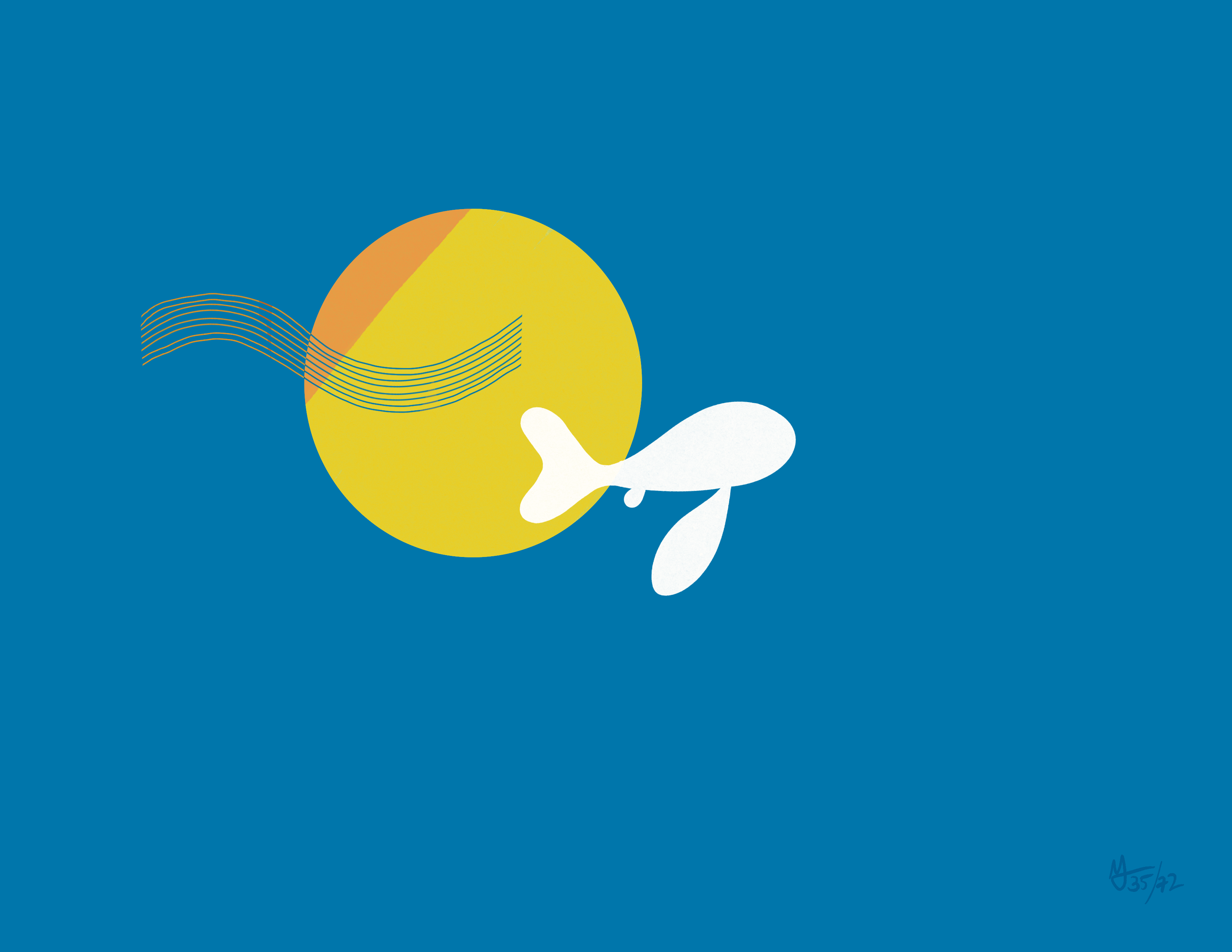 A white fish swims in front of a yellow filled circle. The background is blue.