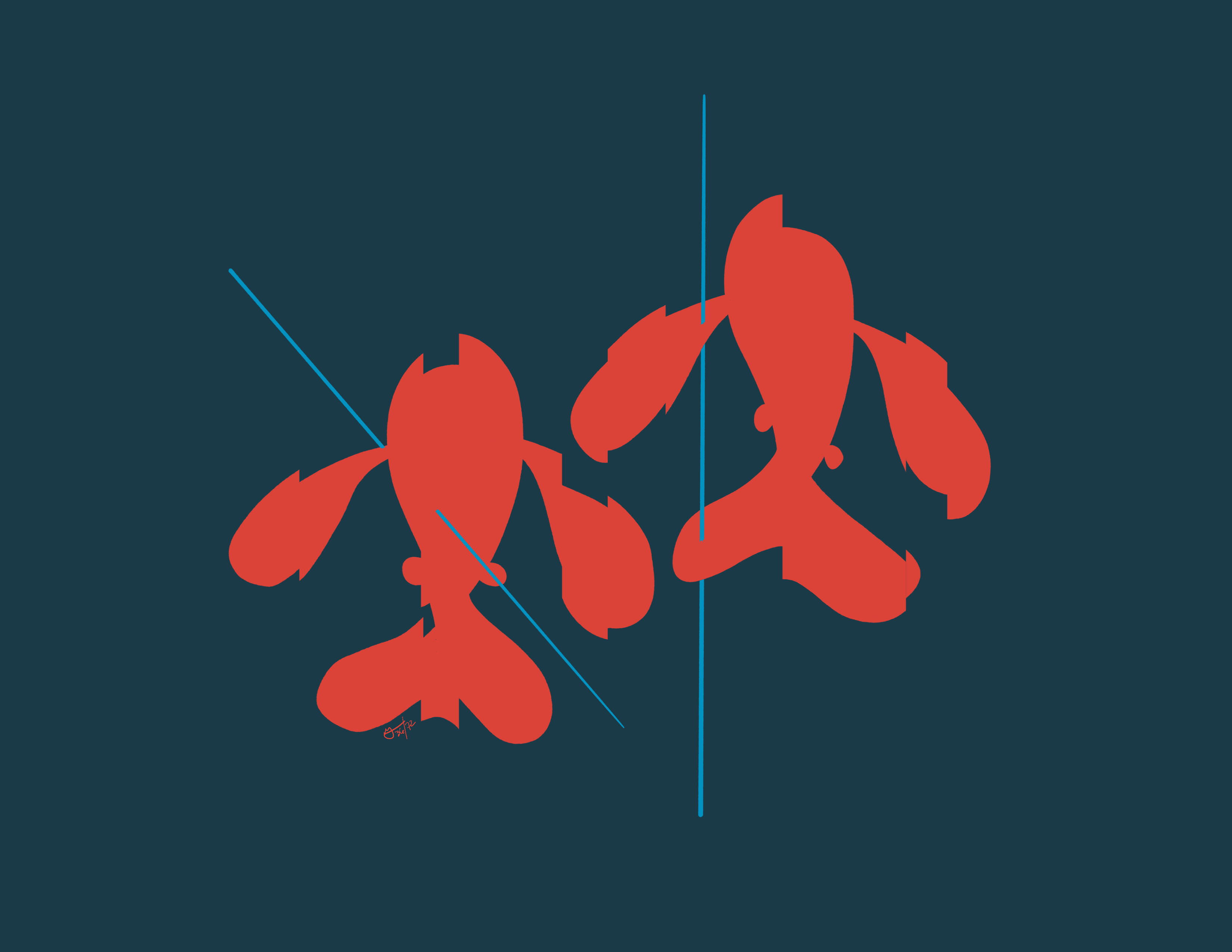Two red fish, breaking apart. There's blue lines going through them.