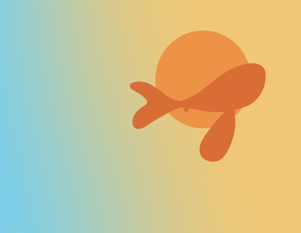 An orange fish swims in front an orange circle. They are swimming from left to right. The background is a blue to orange horizontal gradient.