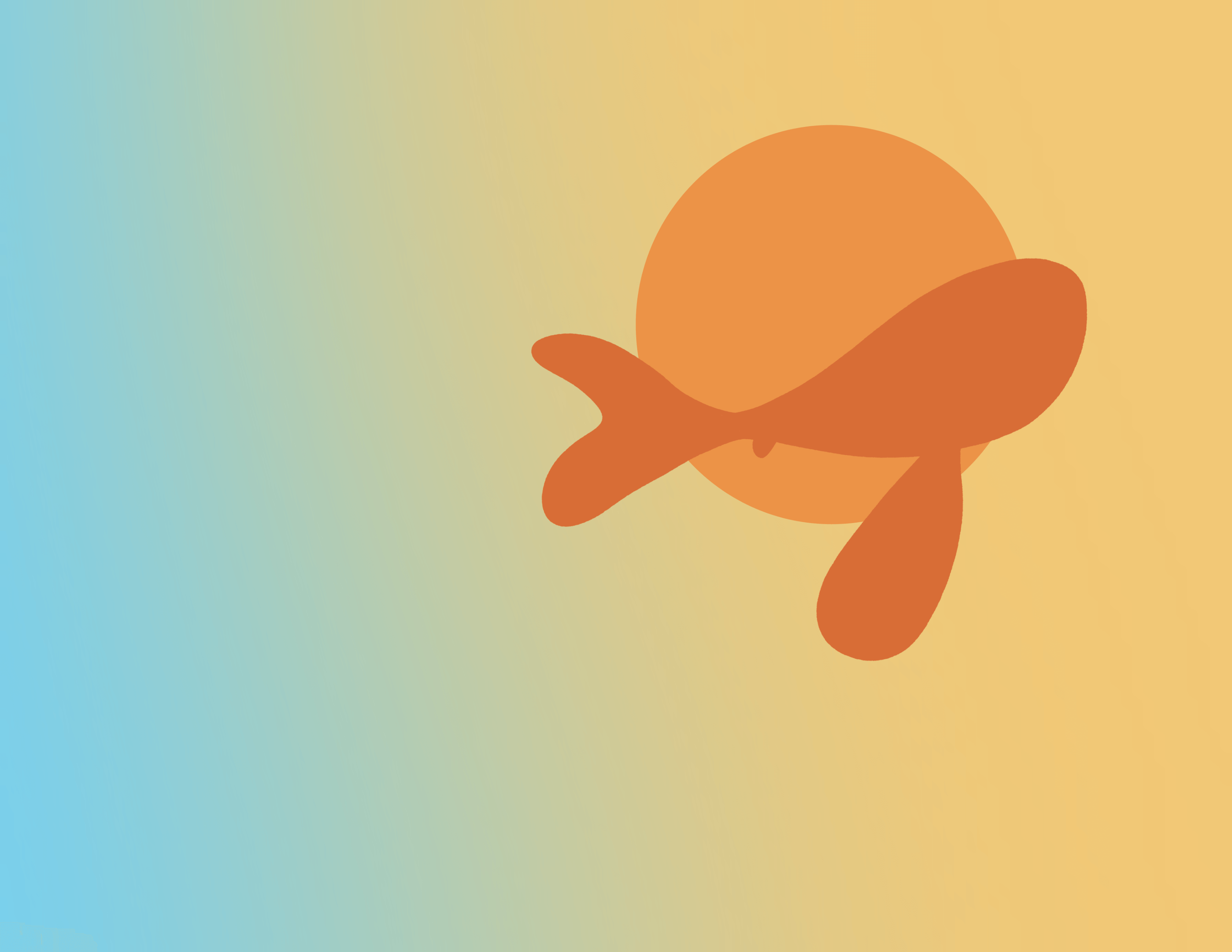 An orange fish swims in front an orange circle. They are swimming from left to right. The background is a blue to orange horizontal gradient.